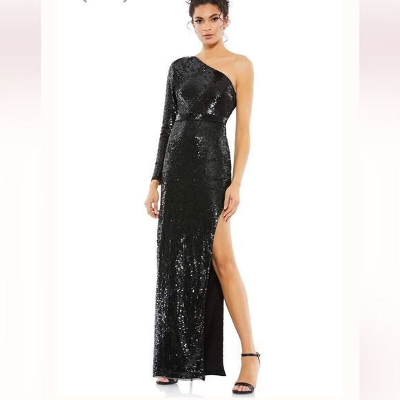 Mac Duggal 10788 SEQUINED ONE SLEEVE HIGH SLIT GOWN Black One-Shoulder Dress  2 - Picture 3 of 9